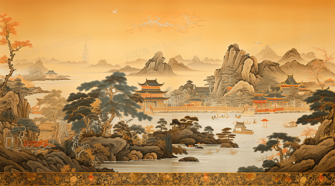 唯美中国风古代建筑山水风景插画