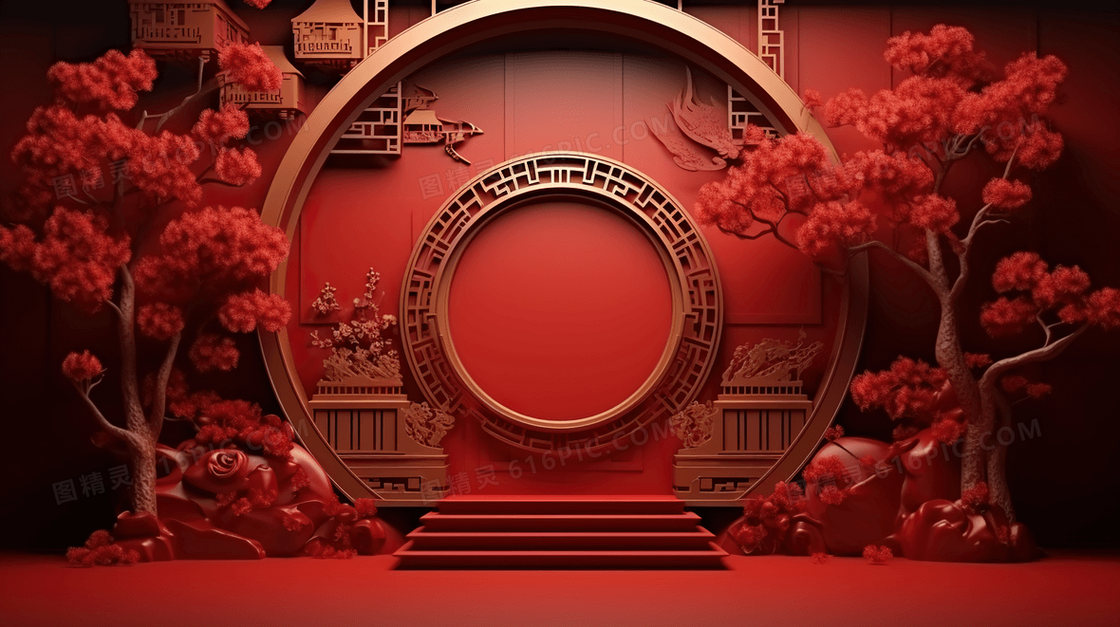 红色中国风新年电商C4D展台2024插画
