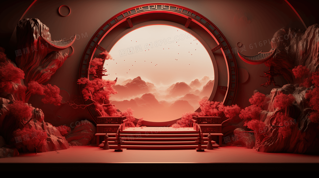 红色中国风花卉新年电商C4D展台2024插画