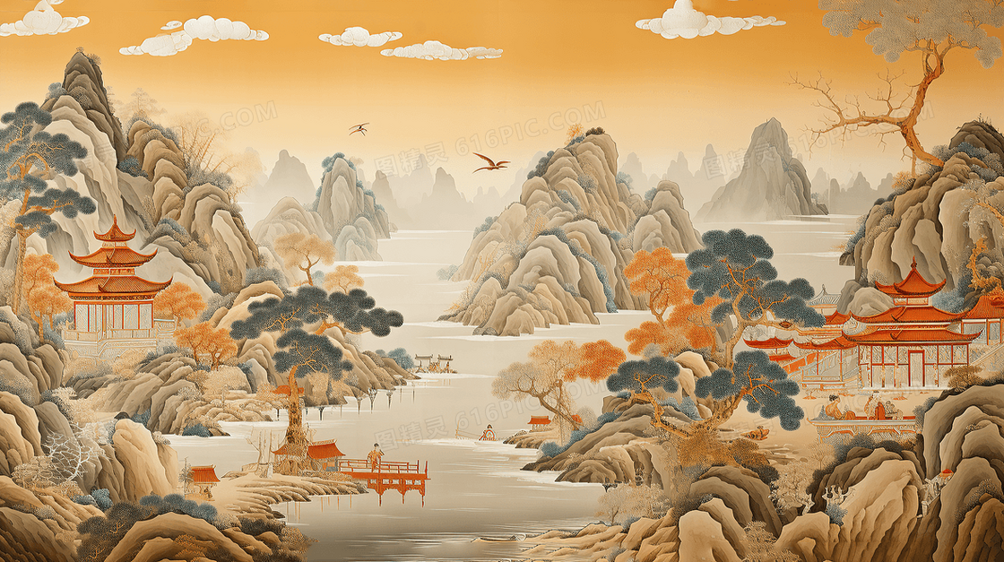 唯美中国风古代建筑山水风景插画