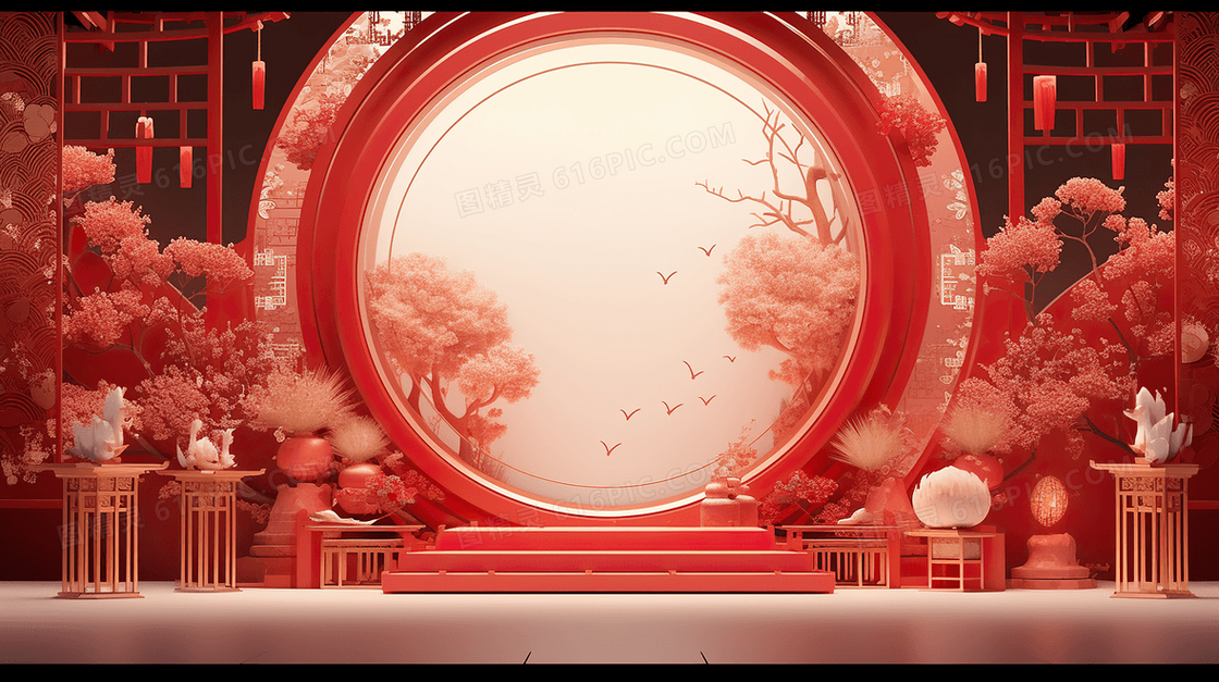 红色中国风花卉新年电商C4D展台2024插画