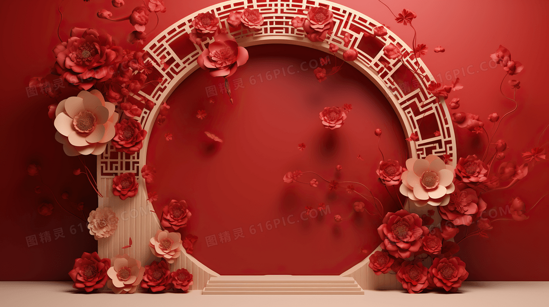 红色中国风新年电商C4D展台2024插画