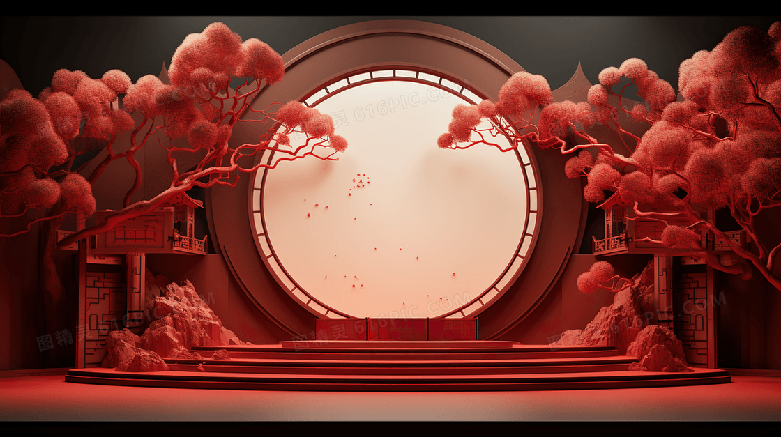 红色中国风花卉新年电商C4D展台2024插画