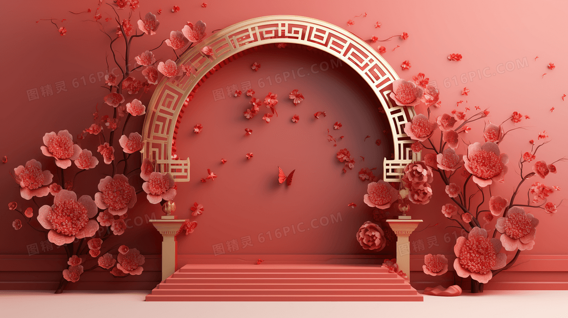红色中国风新年电商c4d展台2024插画