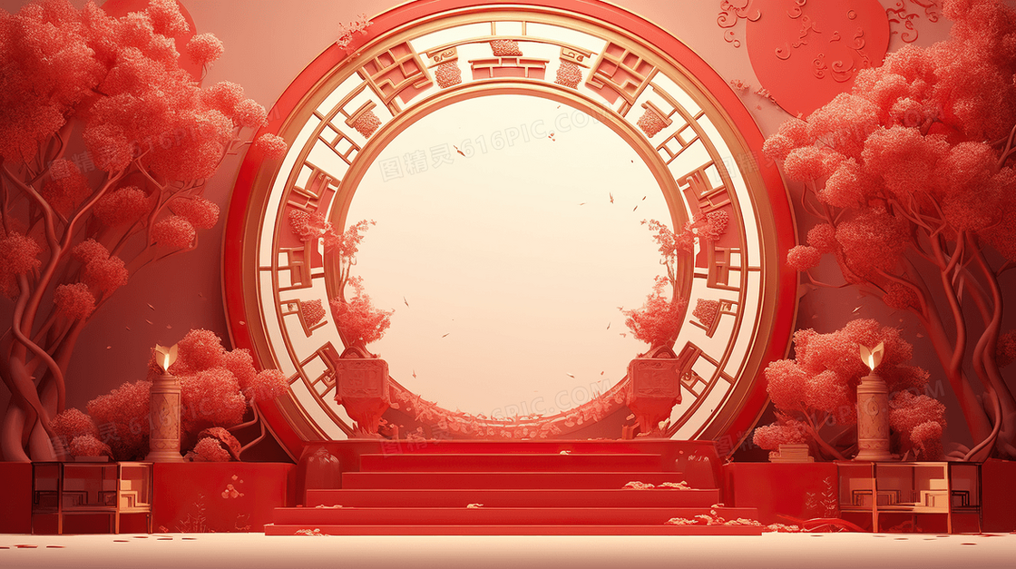 红色中国风花卉新年电商c4d展台2024插画