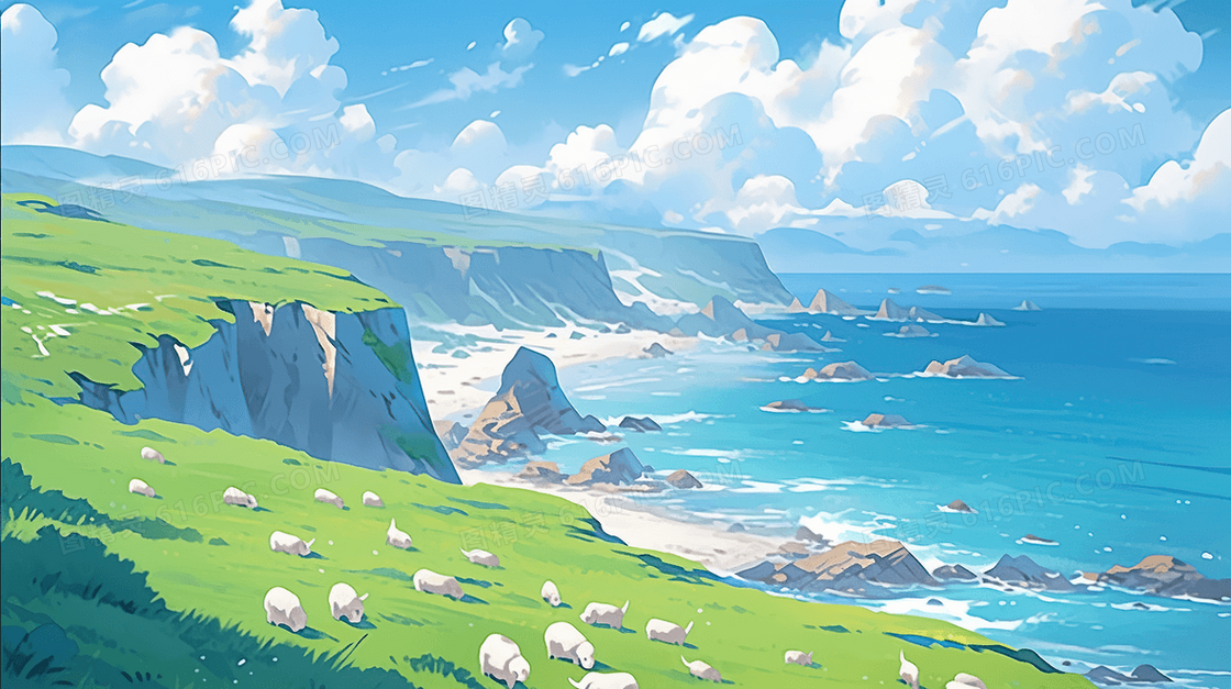 蓝天白云岛屿大海山羊唯美风景插画