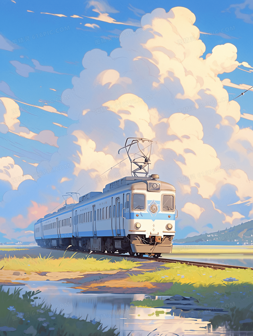 蓝天白云草地小火车唯美风景插画