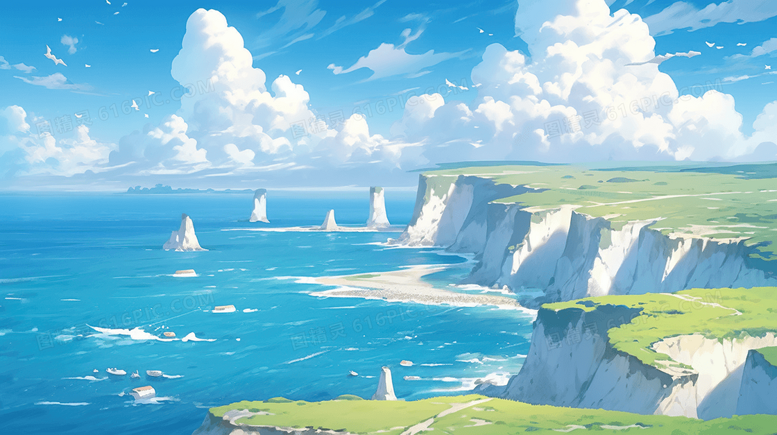 蓝天白云岛屿大海唯美风景插画