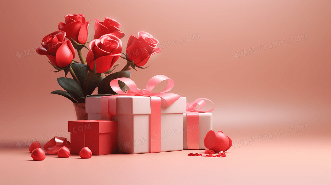 一束红玫瑰格几个礼物盒插画