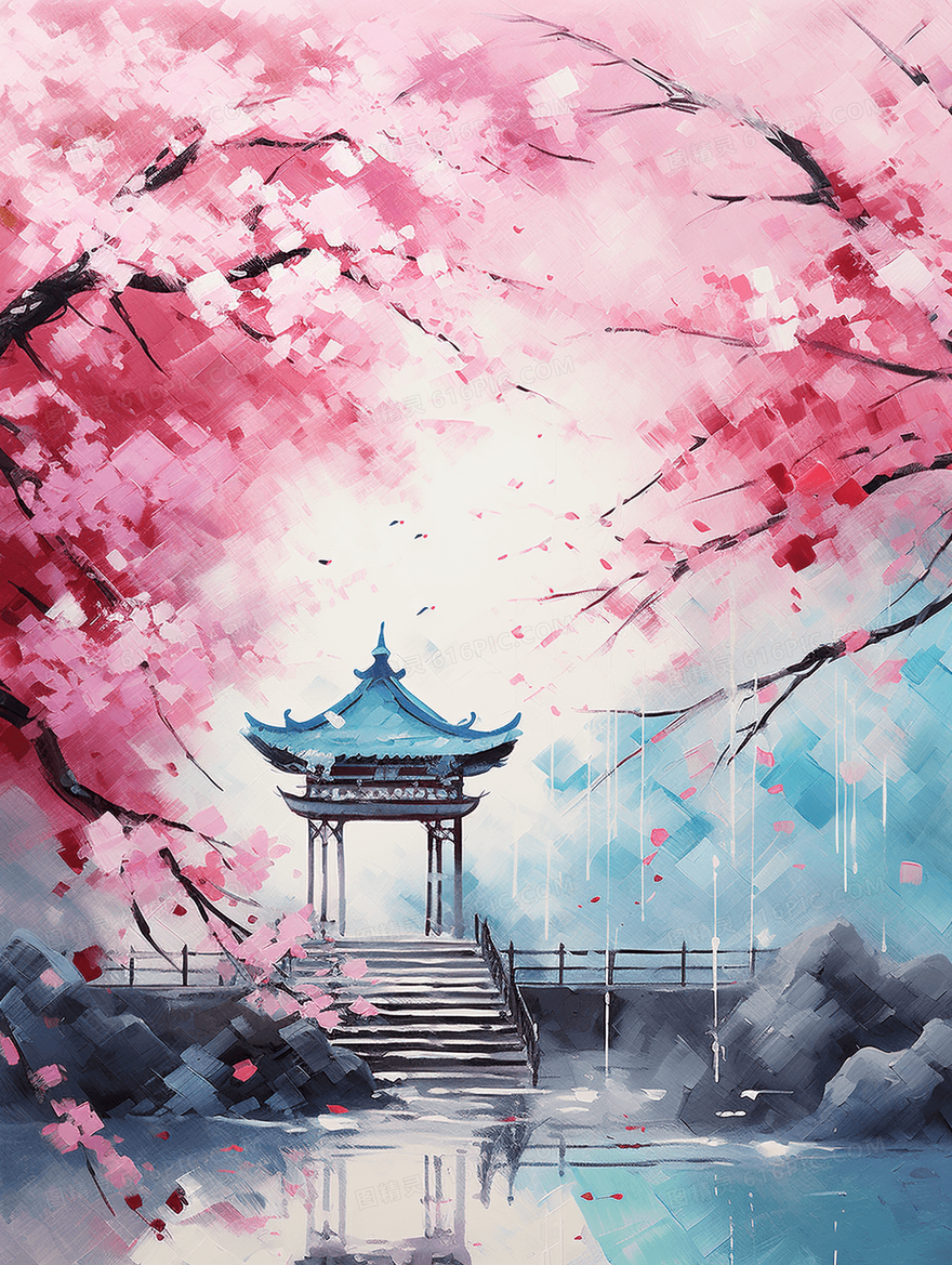 中国风山水樱花唯美风景插画