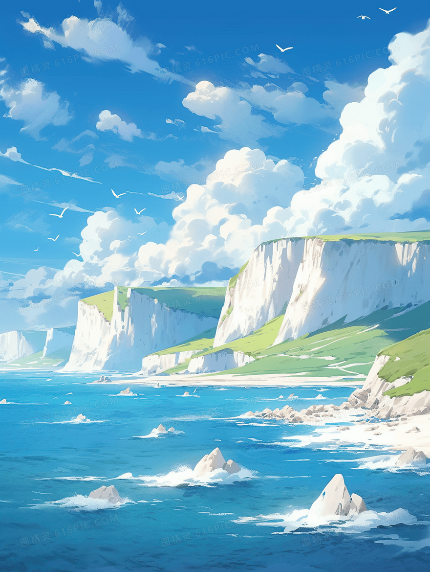 蓝天白云岛屿大海唯美风景插画