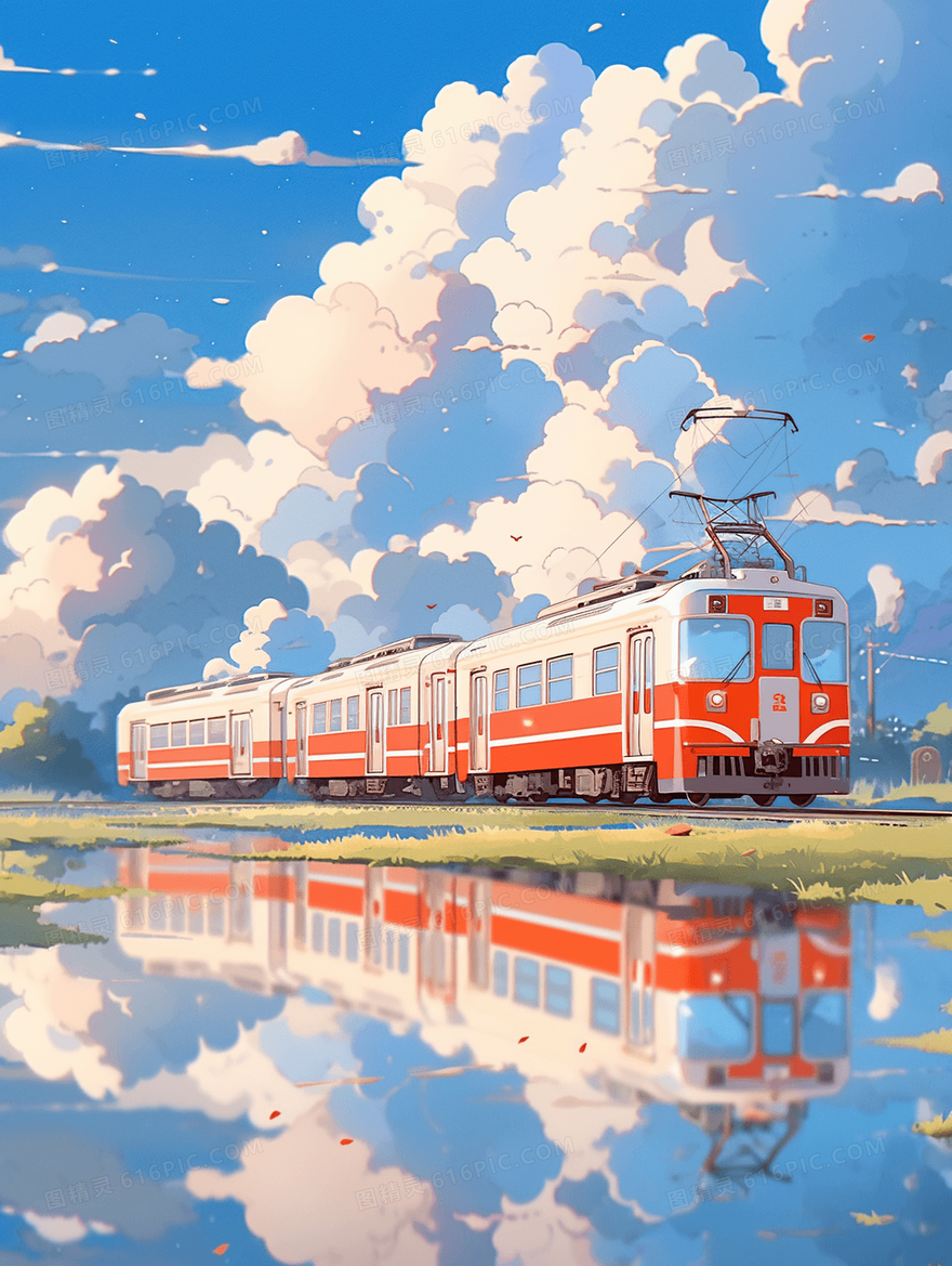 蓝天白云草地小火车唯美风景插画