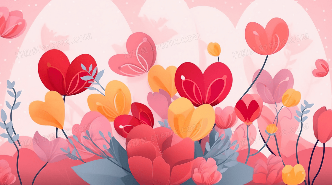 心形鲜花花草装饰插画