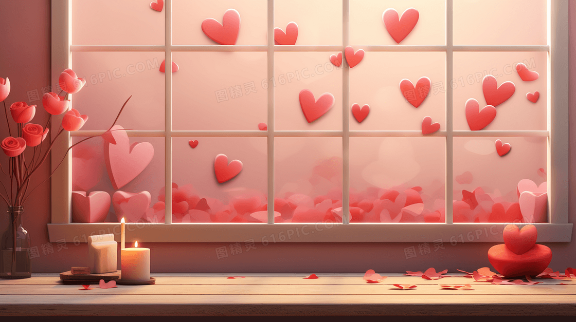 窗户边的桌上的C4D粉红色爱心插画