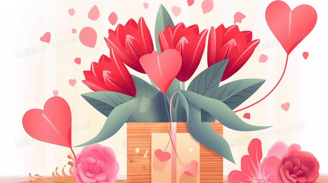 一箱红色鲜花和爱心心形插画