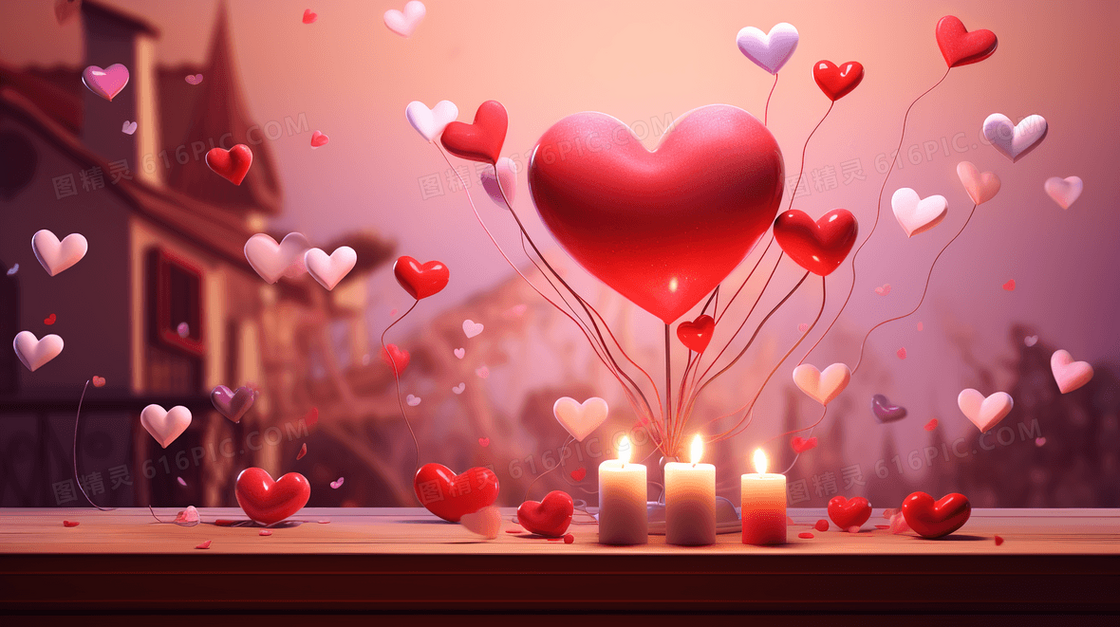 桌子上的爱心心形和蜡烛插画