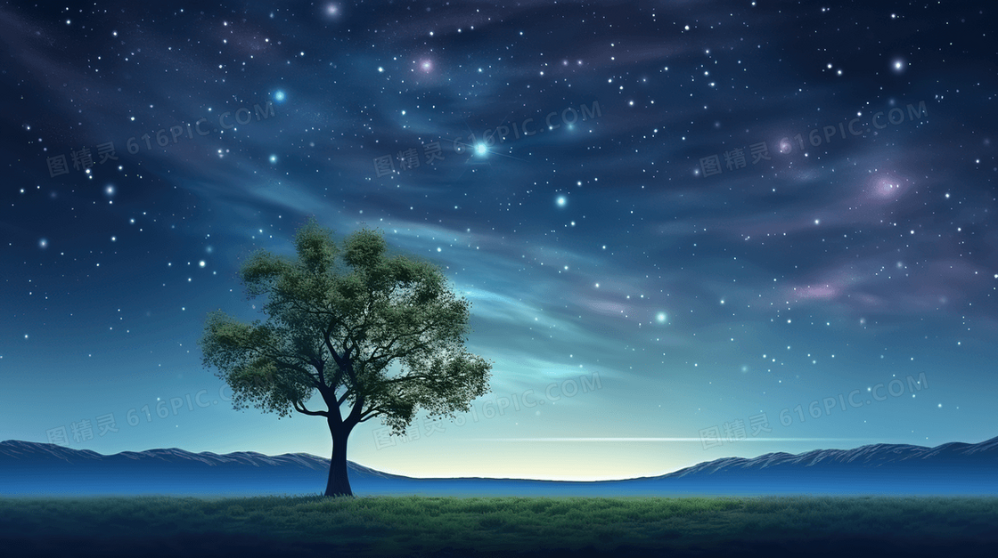 星空下的草原上的一棵树插画