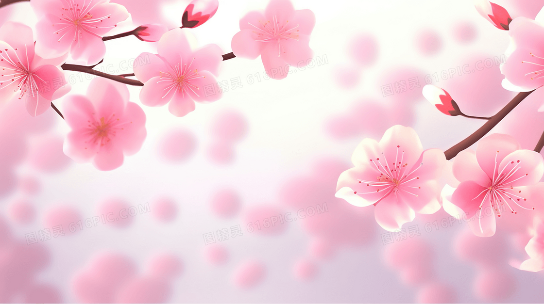 春天里的粉色桃花树枝插画