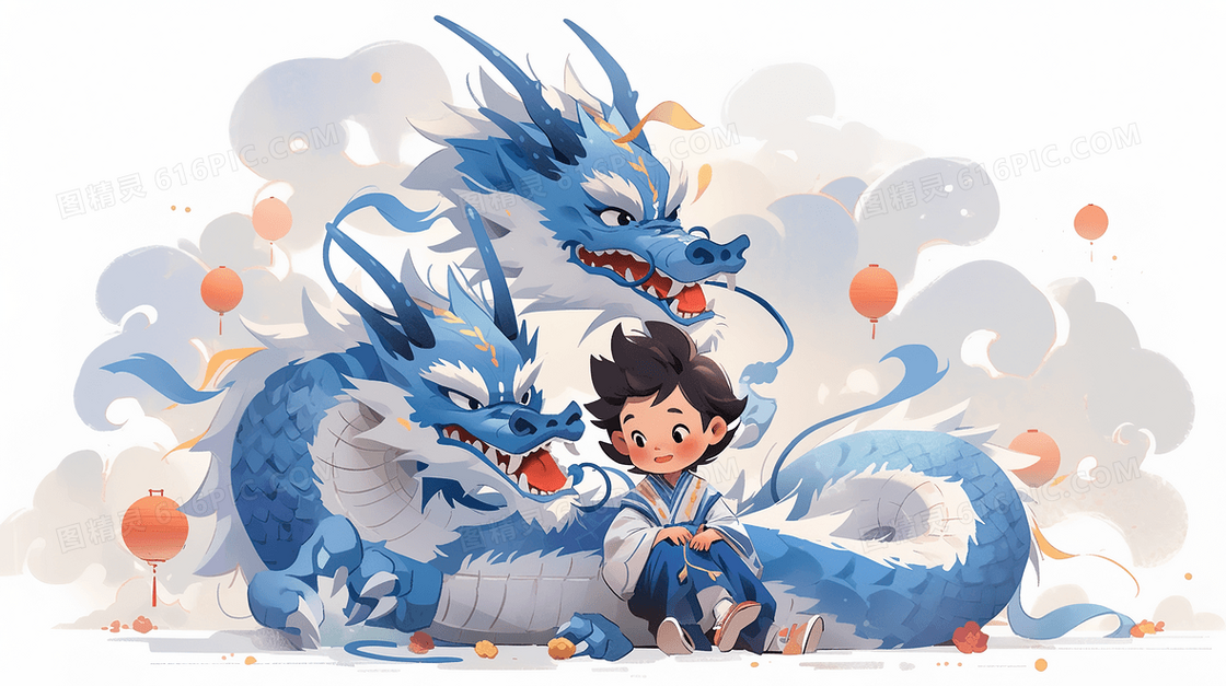 中国风蓝色神龙和可爱的少年儿童水彩插画