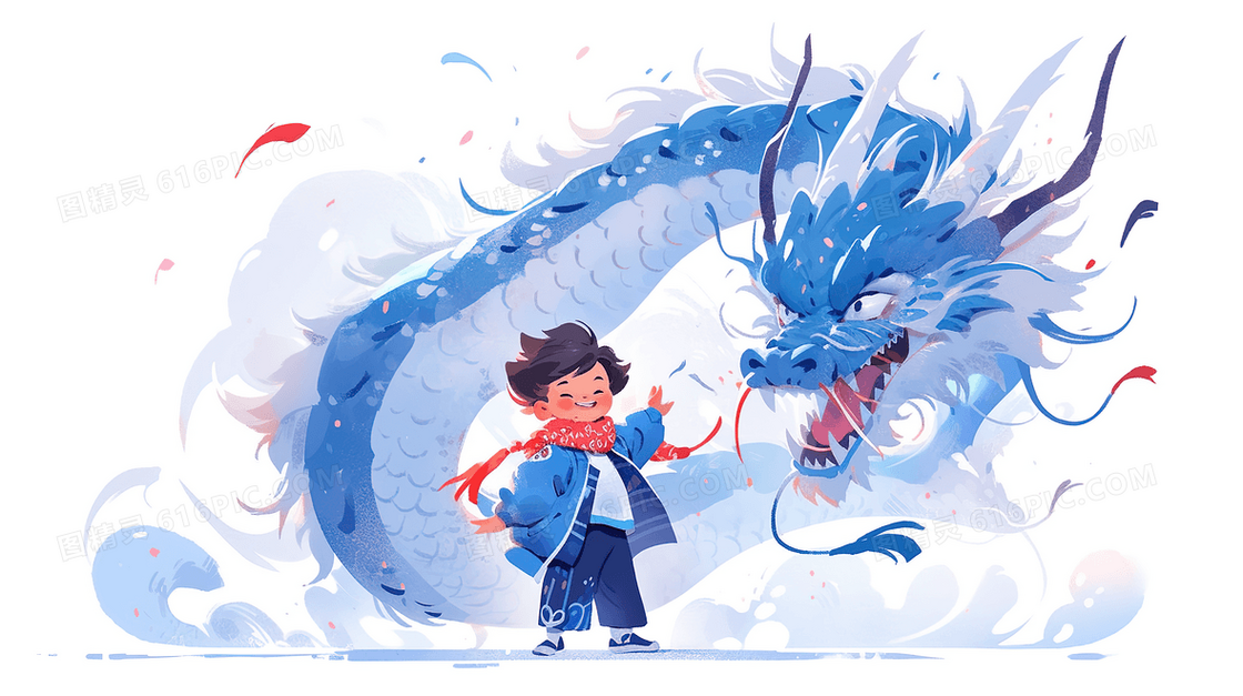 中国风蓝色神龙和可爱的少年儿童水彩插画