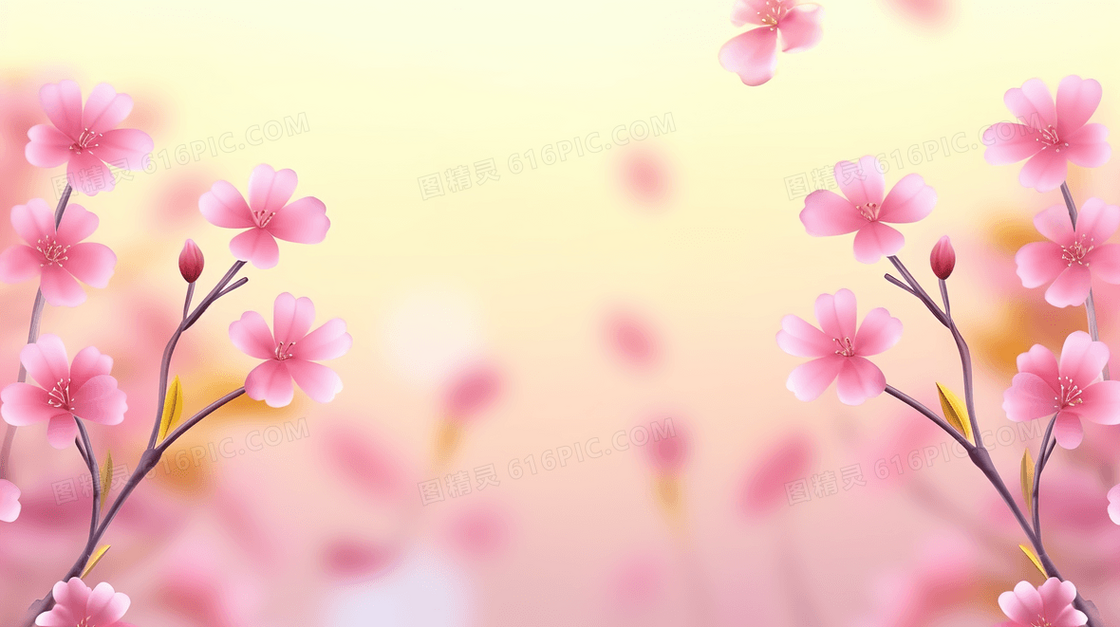 春天里的粉色桃花树枝插画