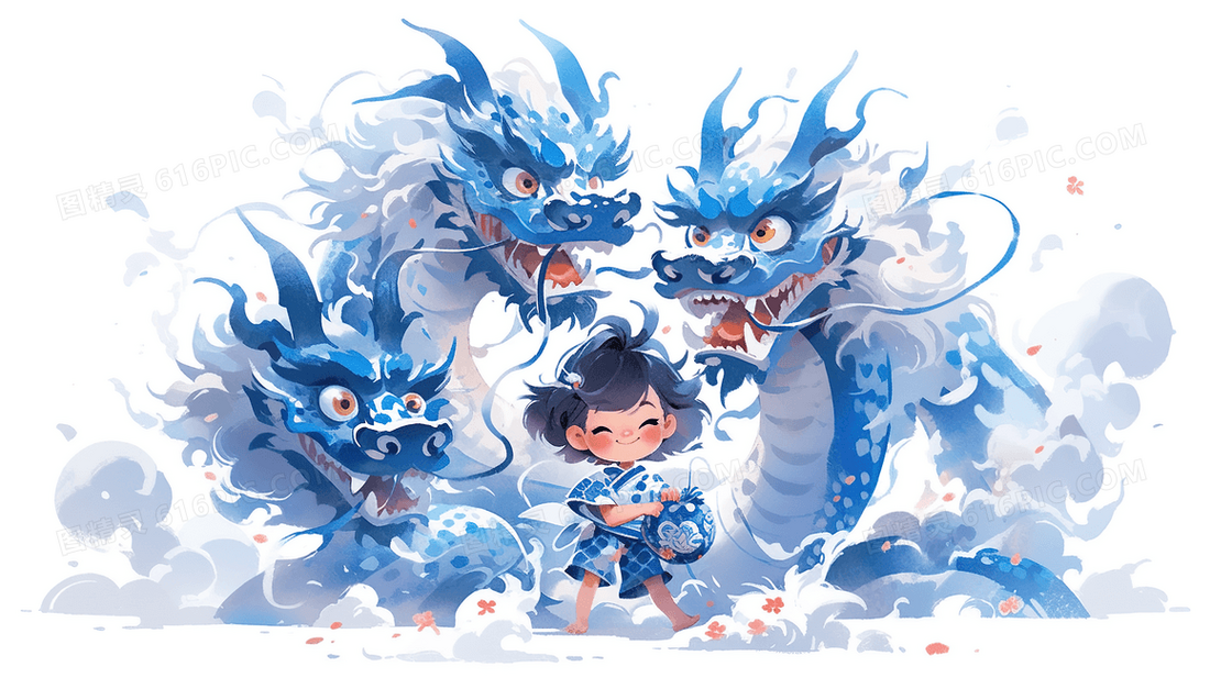 中国风蓝色神龙和可爱的少女儿童水彩插画
