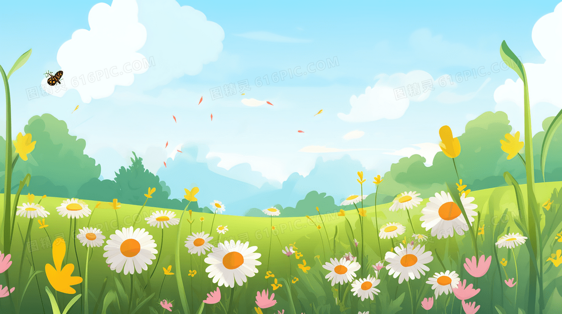 春天绿色草地小雏菊花朵风景插画