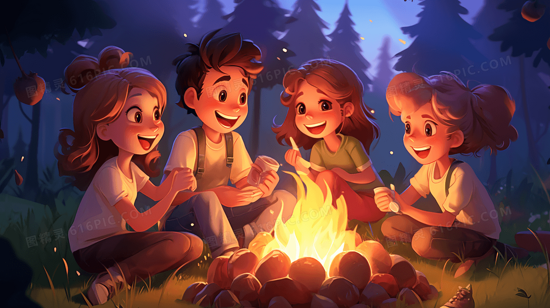 山林里围着火堆聊天的孩子插画