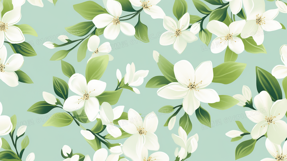 绿色背景里的白色花朵图案插画