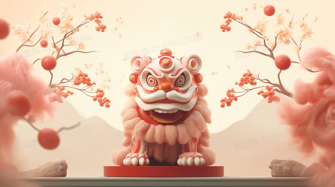 中国春节C4D狮子装饰插画