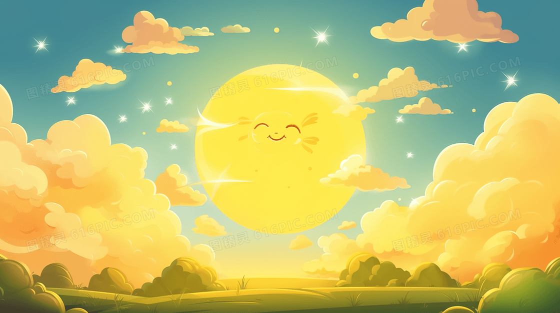 天空中微笑的金色太阳插画 