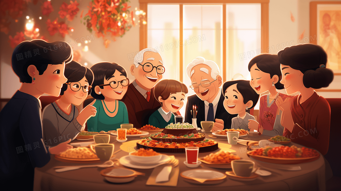 春节一大家人团聚吃年夜饭插画