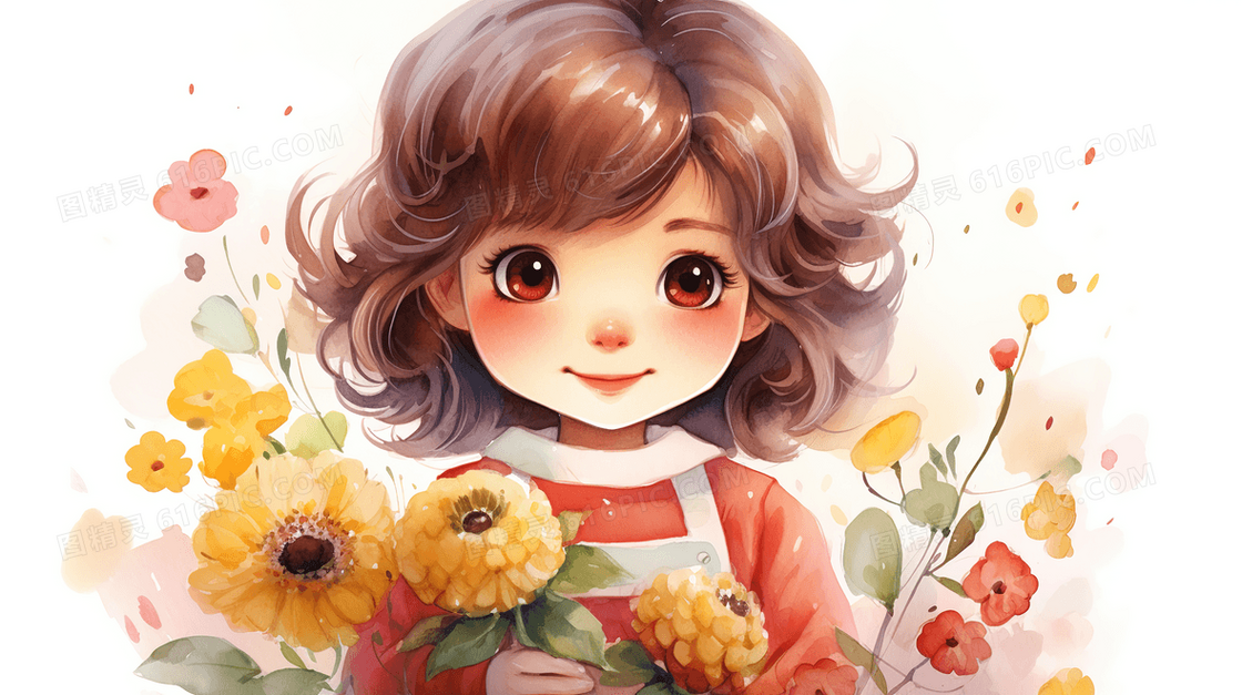 春天里的花朵和小女孩水彩晕染插画