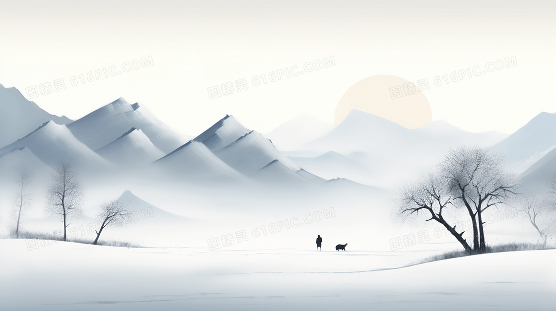 中国风水墨晕染意境山水风景插画