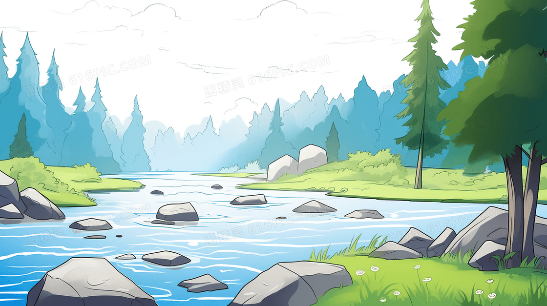 春天绿色山谷里的小溪风景插画