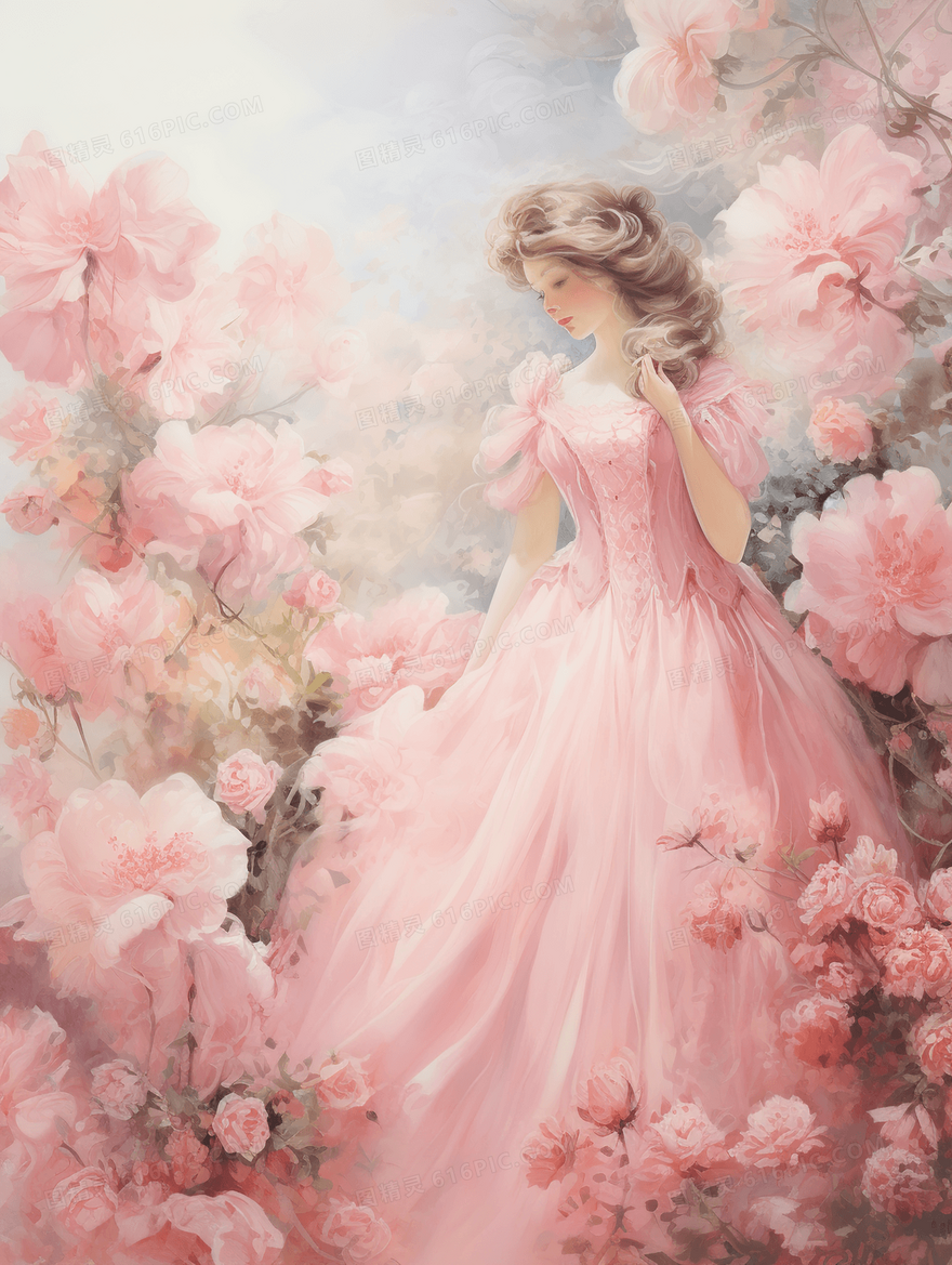 油画感粉色花朵中的少女插画