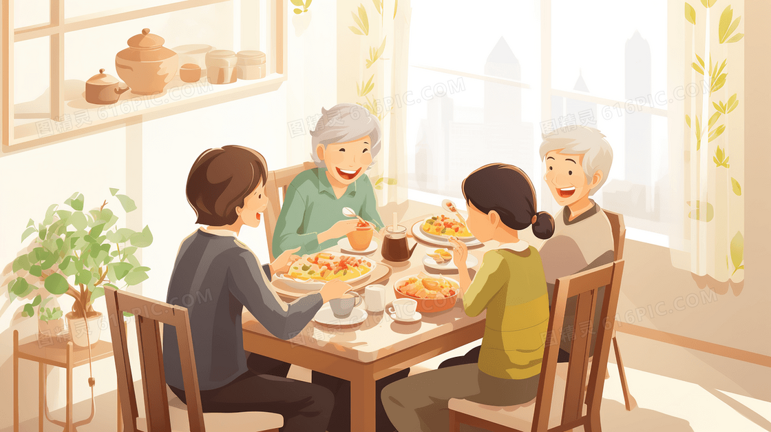 在家陪伴老人吃饭温馨插画