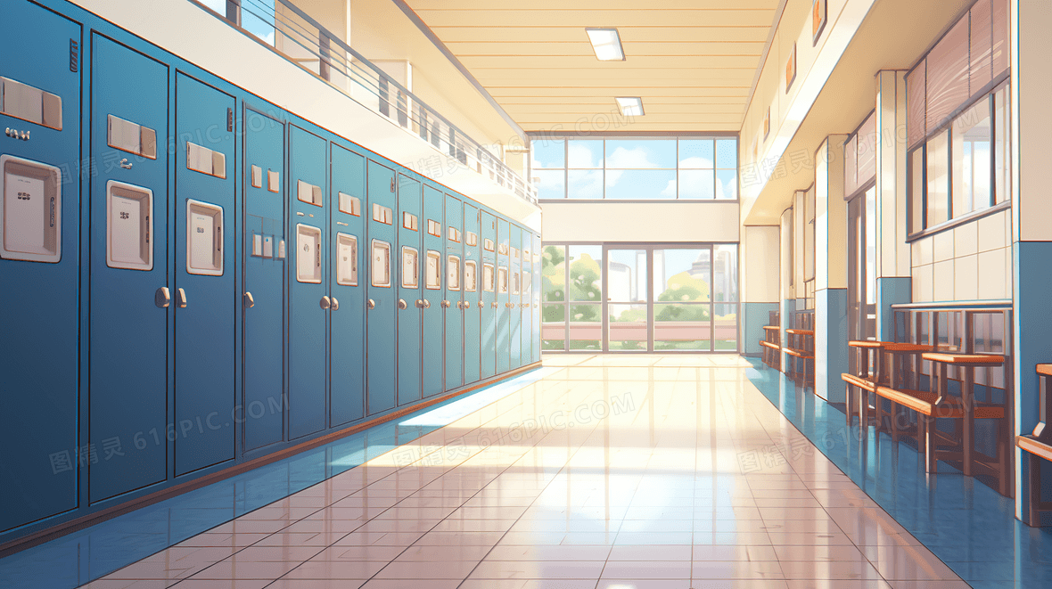 学校里干净明亮的教室走廊插画