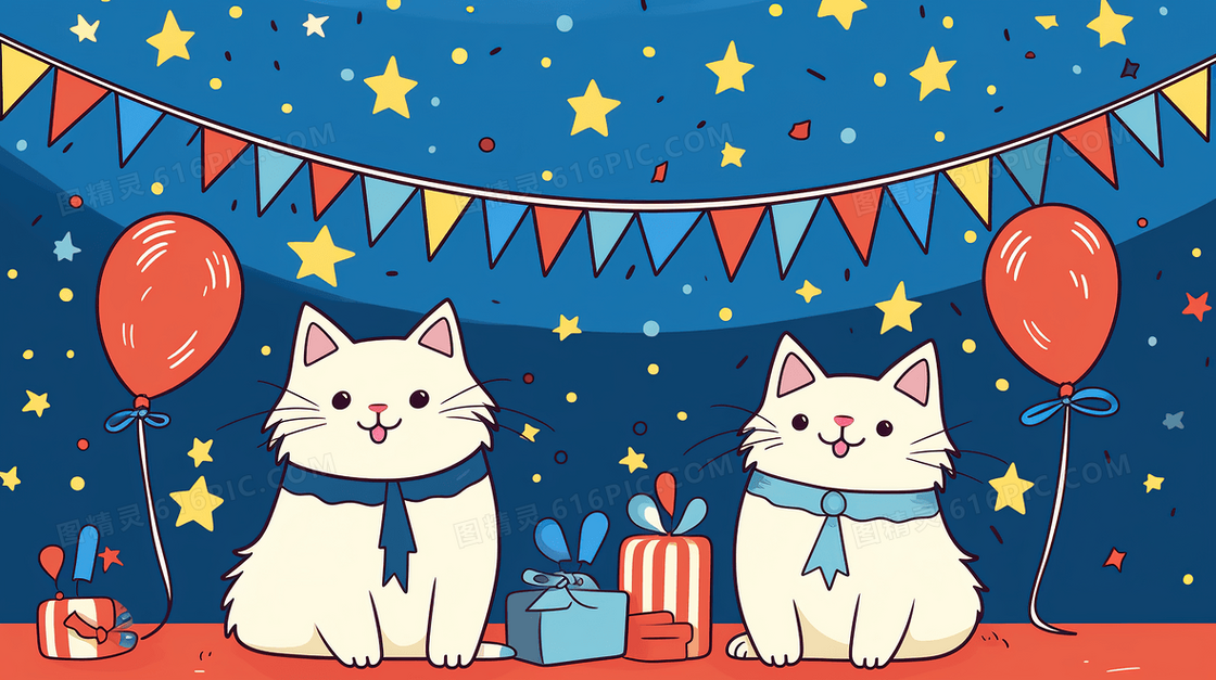 庆祝生日的两只可爱猫咪插画
