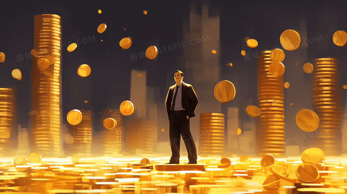 站在金币堆上的商务人士插画