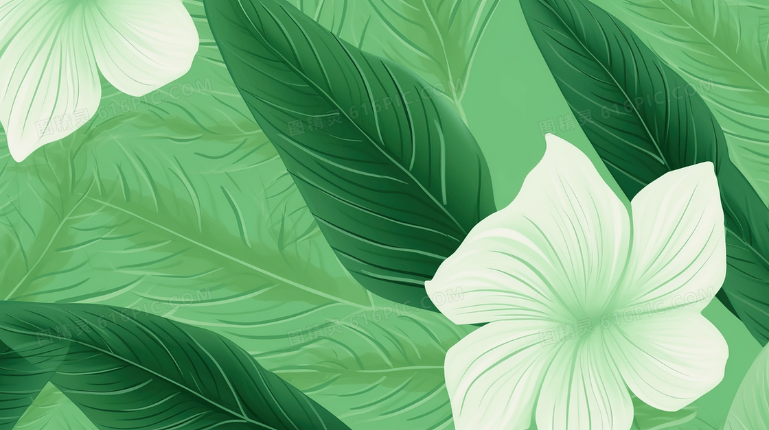 白色鲜花和绿叶纹理装饰插画