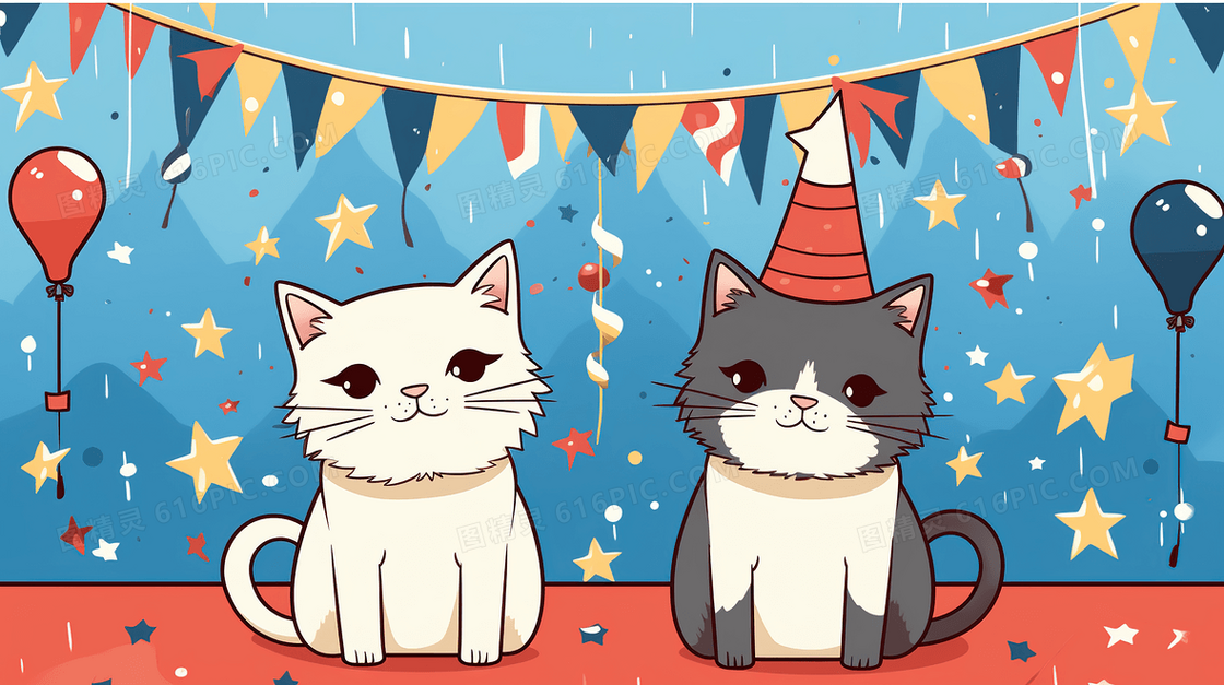 庆祝生日的两只可爱猫咪插画