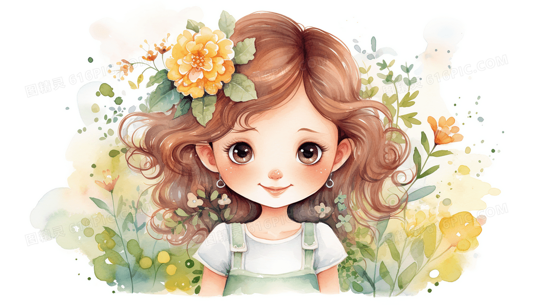 花朵中的可爱小女孩水彩插画