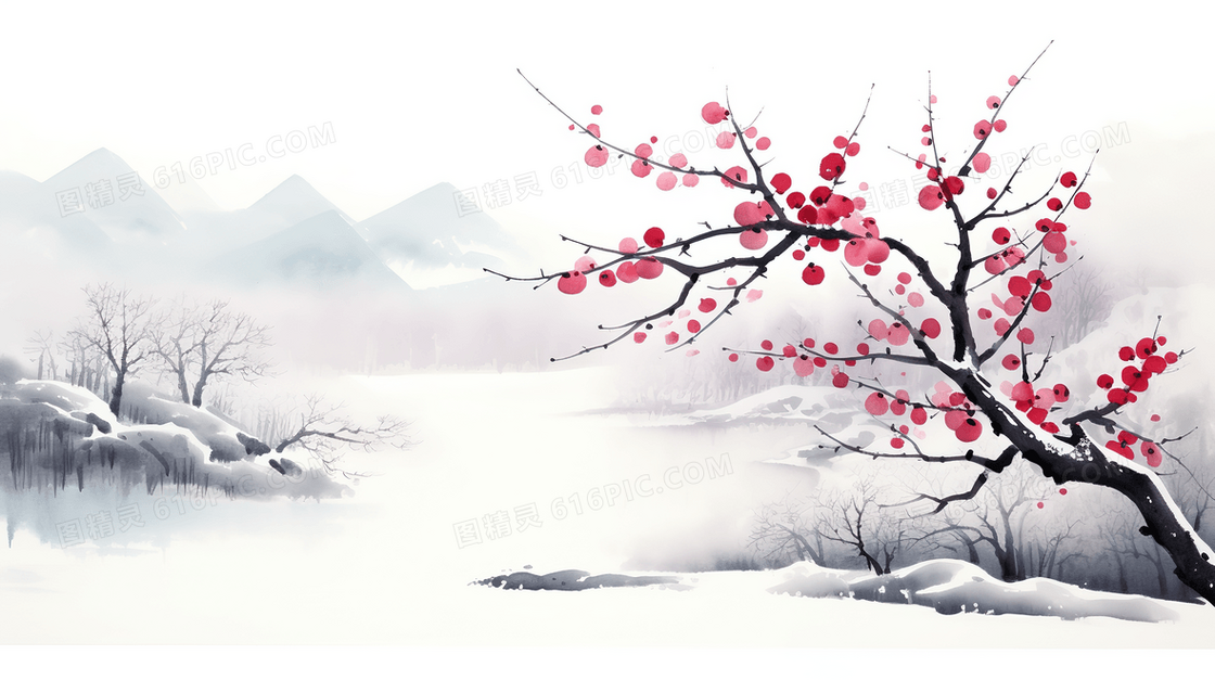 中国风冬季红梅水墨山水风景插画