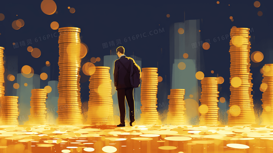 站在金币堆上的商务人士插画