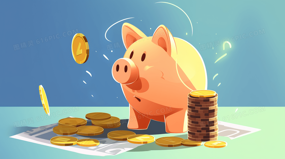 小猪储蓄罐和金币插画