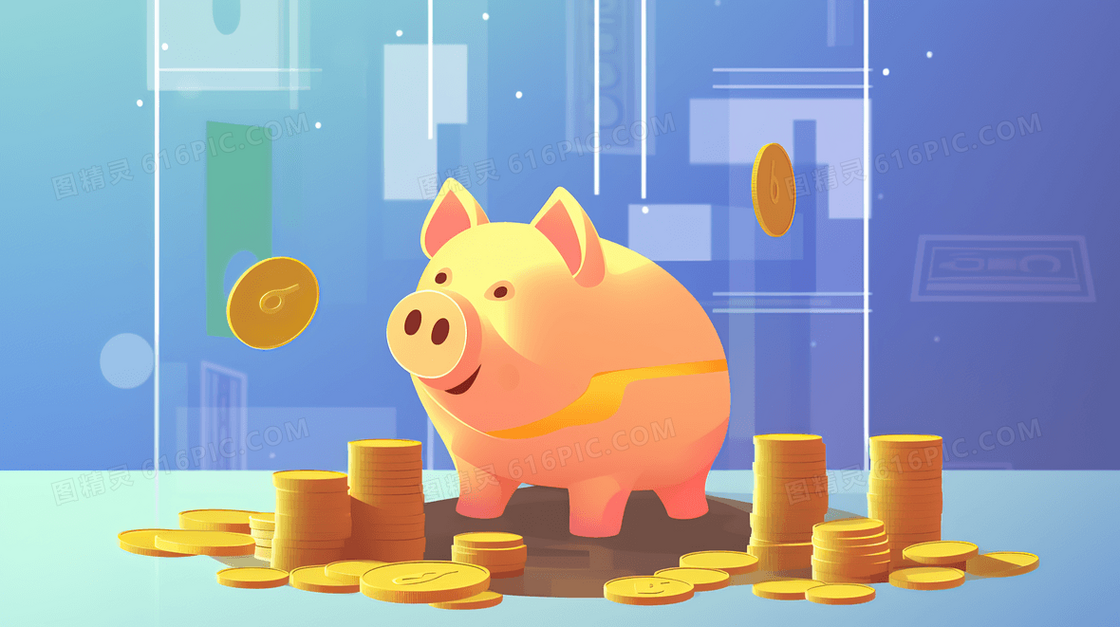 小猪储蓄罐和金币插画