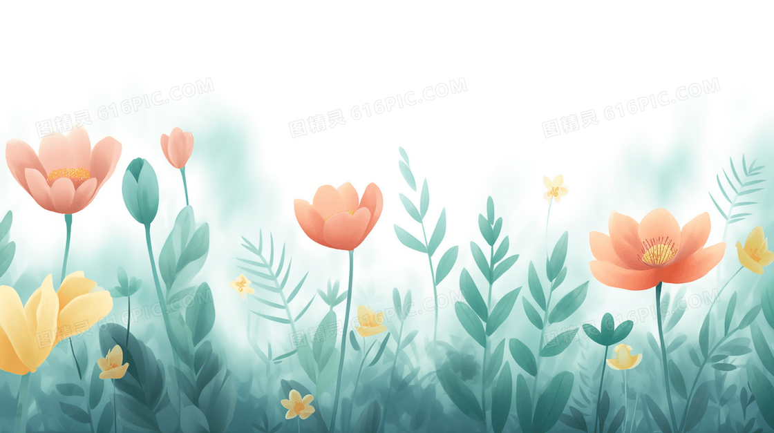 春天盛开的彩色鲜花插画