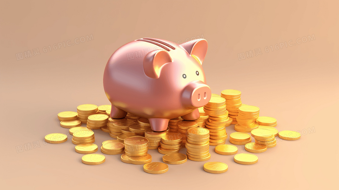 3D金币堆上的小猪存钱罐插画