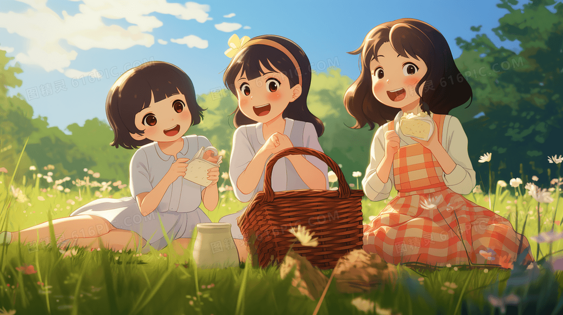 春天郊游野餐的女孩们插画